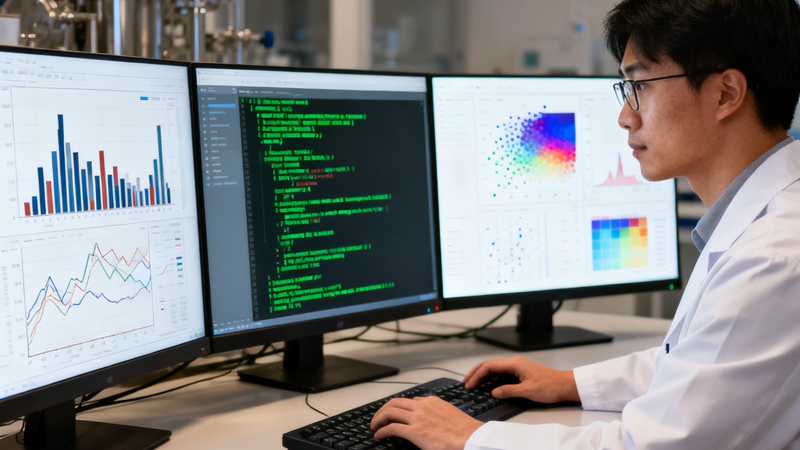 男性数据科学家在实验室中面对多块显示器分析预测模型，屏幕上显示复杂的数据图表和算法代码